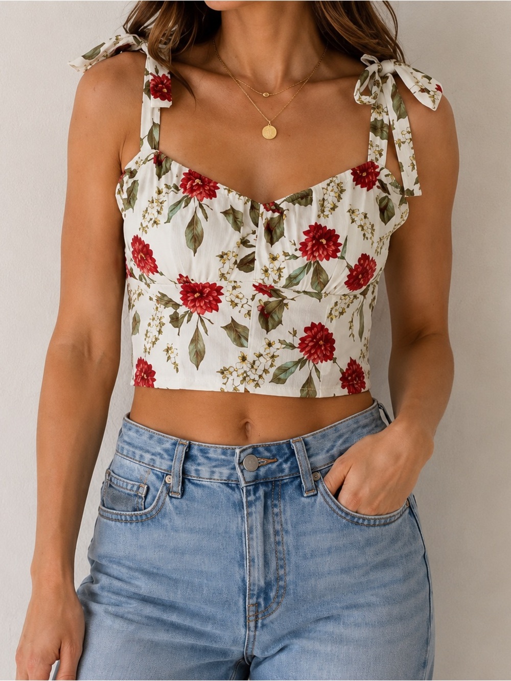 Anthropologie White Floral Tie-Shoulder Cropped Tank